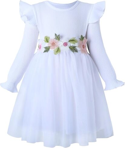 Girls' Long-Sleeved Dress with a Tulle Skirt at The Hem, Suitable for Children Aged 2-7 in Saudi Arabia