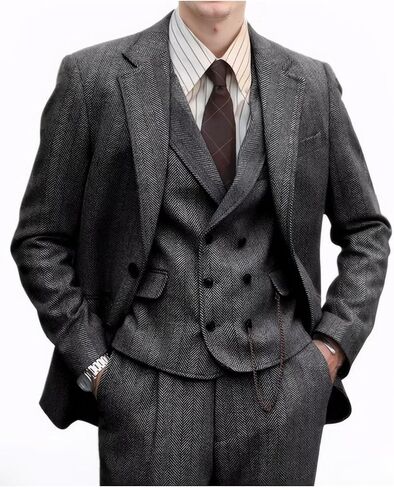 Retro 3 Pieces Men Suit Tweed Herringbone Suits for Men Formal Wool Jacket Dress Suit Vest Pants Wedding Prom Tuxedo in Saudi Arabia