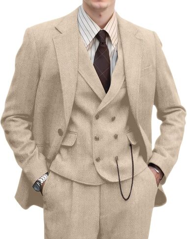 Retro 3 Pieces Men Suit Tweed Herringbone Suits for Men Formal Wool Jacket Dress Suit Vest Pants Wedding Prom Tuxedo in Saudi Arabia