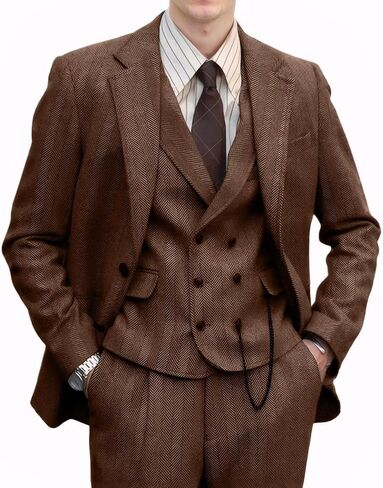 Retro 3 Pieces Men Suit Tweed Herringbone Suits for Men Formal Wool Jacket Dress Suit Vest Pants Wedding Prom Tuxedo in Saudi Arabia