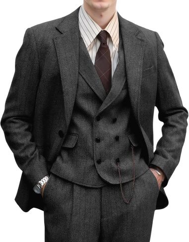 Retro 3 Pieces Men Suit Tweed Herringbone Suits for Men Formal Wool Jacket Dress Suit Vest Pants Wedding Prom Tuxedo in Saudi Arabia