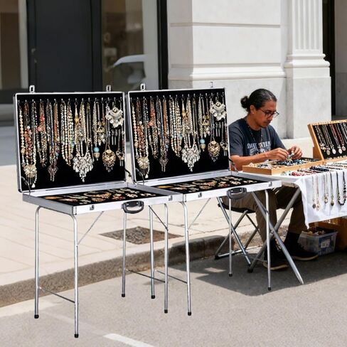 عربة عرض مجوهرات كبيرة محمولة من الألومنيوم، صندوق منظم لتخزين المجوهرات قابل للطي مع عجلات، حقيبة عرض صغيرة متنقلة لأكشاك السوق والبوتيكات والاستوديوهات (70 × 50 سم / 27.6 × 19.7 بوصة) in Kuwait