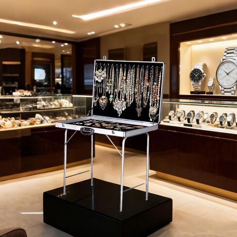 عربة عرض مجوهرات كبيرة محمولة من الألومنيوم، صندوق منظم لتخزين المجوهرات قابل للطي مع عجلات، حقيبة عرض صغيرة متنقلة لأكشاك السوق والبوتيكات والاستوديوهات (70 × 50 سم / 27.6 × 19.7 بوصة) in Kuwait