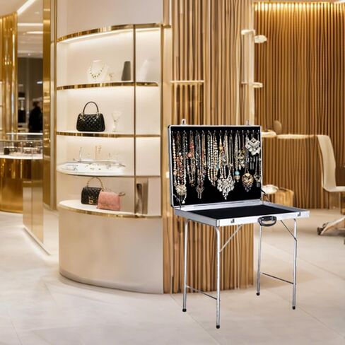 عربة عرض مجوهرات كبيرة محمولة من الألومنيوم، صندوق منظم لتخزين المجوهرات قابل للطي مع عجلات، حقيبة عرض صغيرة متنقلة لأكشاك السوق والبوتيكات والاستوديوهات (70 × 50 سم / 27.6 × 19.7 بوصة) in Kuwait