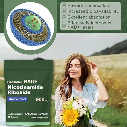مكمل NAD ريسفيراترول مع NAD نيكوتيناميد ريبوسيد ريسفيراترول 900 مجم، تعزيز NAD+ للصحة الخلوية ومكافحة الشيخوخة والطاقة والتركيز - 80 كبسولة (قطعتان) in Kuwait