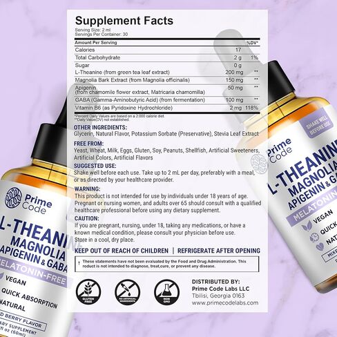 Prime Code L-Theanine Liquid with Magnolia, Apigenin & GABA – Melatonin-Free Relaxation & Calm Support – Mixed Berry Flavor – Vegan, Natural, Fast Absorption Supplement for Men & Women, 2 fl oz in Saudi Arabia
