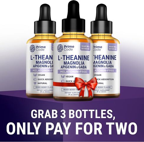 Prime Code L-Theanine Liquid with Magnolia, Apigenin & GABA – Melatonin-Free Relaxation & Calm Support – Mixed Berry Flavor – Vegan, Natural, Fast Absorption Supplement for Men & Women, 2 fl oz in Saudi Arabia