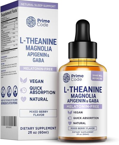 Prime Code L-Theanine Liquid with Magnolia, Apigenin & GABA – Melatonin-Free Relaxation & Calm Support – Mixed Berry Flavor – Vegan, Natural, Fast Absorption Supplement for Men & Women, 2 fl oz in Saudi Arabia