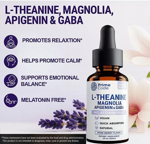 Prime Code L-Theanine Liquid with Magnolia, Apigenin & GABA – Melatonin-Free Relaxation & Calm Support – Mixed Berry Flavor – Vegan, Natural, Fast Absorption Supplement for Men & Women, 2 fl oz in Saudi Arabia