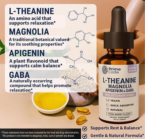 Prime Code L-Theanine Liquid with Magnolia, Apigenin & GABA – Melatonin-Free Relaxation & Calm Support – Mixed Berry Flavor – Vegan, Natural, Fast Absorption Supplement for Men & Women, 2 fl oz in Saudi Arabia