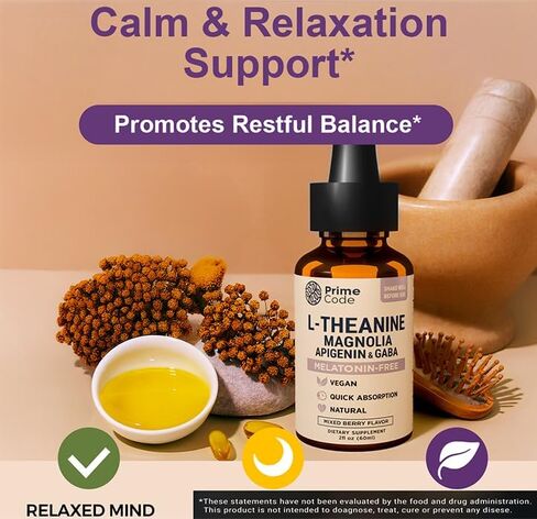 Prime Code L-Theanine Liquid with Magnolia, Apigenin & GABA – Melatonin-Free Relaxation & Calm Support – Mixed Berry Flavor – Vegan, Natural, Fast Absorption Supplement for Men & Women, 2 fl oz in Saudi Arabia