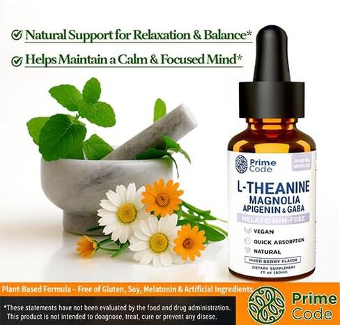 Prime Code L-Theanine Liquid with Magnolia, Apigenin & GABA – Melatonin-Free Relaxation & Calm Support – Mixed Berry Flavor – Vegan, Natural, Fast Absorption Supplement for Men & Women, 2 fl oz in Saudi Arabia