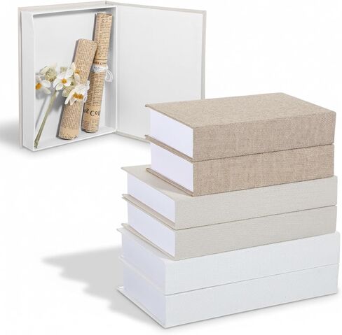 مجموعة 6 قطع من الكتب المزخرفة الصناعية لديكور المنزل، كتب صناعية من الكتان الحديث، صندوق تخزين الكتب المزيفة، صناديق على شكل كتاب لرف رف الكتب، 10.6 بوصة، 8.6 بوصة، 9.8 بوصة ارتفاع (أبيض، كاكي، بيج) in Kuwait