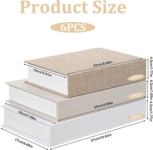 مجموعة 6 قطع من الكتب المزخرفة الصناعية لديكور المنزل، كتب صناعية من الكتان الحديث، صندوق تخزين الكتب المزيفة، صناديق على شكل كتاب لرف رف الكتب، 10.6 بوصة، 8.6 بوصة، 9.8 بوصة ارتفاع (أبيض، كاكي، بيج) in Kuwait