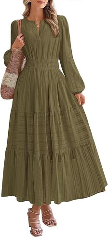 Women's Long Sleeve Maxi Dress with Pockets Fall 2025 V-Neck A-Line Flowy Casual Wedding Guest Dress Elastic Waist in Saudi Arabia