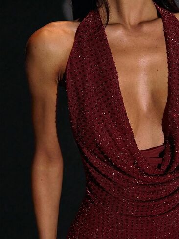 SweatyRocks Women's Halter Cowl Neck Open Back Mini Party Dress Ruched Sparkly Night Out Dresse in Saudi Arabia