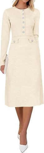 Saodimallsu Women's Fall Long Sleeve Sweater Dress Knit Bodycon Crew Neck Button Decor. Elegant Formal Midi Dresses in Saudi Arabia