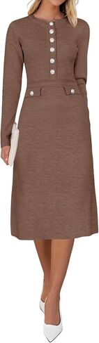 Saodimallsu Women's Fall Long Sleeve Sweater Dress Knit Bodycon Crew Neck Button Decor. Elegant Formal Midi Dresses in Saudi Arabia