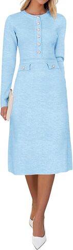 Saodimallsu Women's Fall Long Sleeve Sweater Dress Knit Bodycon Crew Neck Button Decor. Elegant Formal Midi Dresses in Saudi Arabia