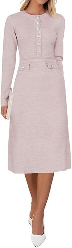 Saodimallsu Women's Fall Long Sleeve Sweater Dress Knit Bodycon Crew Neck Button Decor. Elegant Formal Midi Dresses in Saudi Arabia