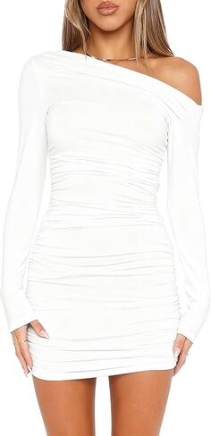 Women's Sexy Going Out Dress Off Shoulder Long Sleeve Bodycon Mini Dress Ruched Elegant Cocktail Party Dress in Saudi Arabia