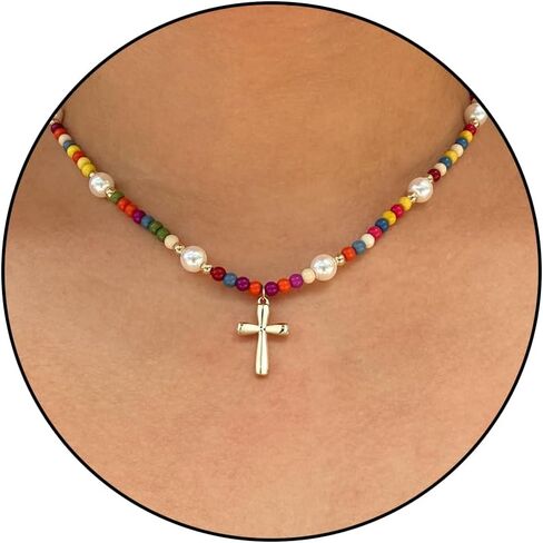 Valentines Day Gifts for Kids-Trendy Colorful Beaded Choker Necklace for Women Teenage Girls, Dainty Cross Necklaces Christmas Gifts for Grandkids in Saudi Arabia