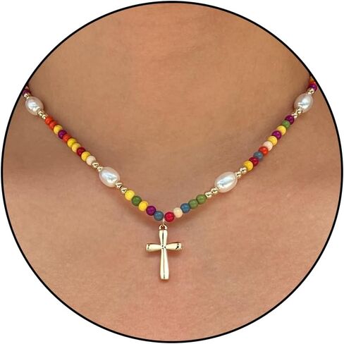 Valentines Day Gifts for Kids-Trendy Colorful Beaded Choker Necklace for Women Teenage Girls, Dainty Cross Necklaces Christmas Gifts for Grandkids in Saudi Arabia