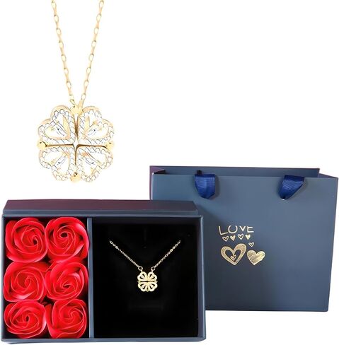 Full Gift Box Set 925 Sterling Silver 18K Yellow Gold To My Girlfriend Necklace, Cute Things As Four Leaf Clover Pendant Necklace for Soulmate, Crystal Heart Necklaces Rose Box for Girlfriend in Saudi Arabia