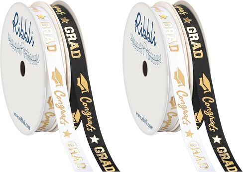 RIBBLI 2 ROLLS RELLS RIBBON ، Congrats GRAD GORD SATIN RIBBON USE FOR GOFT FLAGK ، DRINGER TRAVINEST ، 3/8 Inges Total 20 Yards ، White/Black in Saudi Arabia