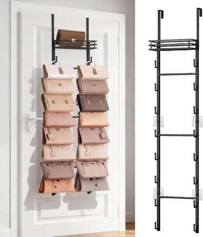 Over the Door Purse Organizer with 16 Hooks and Storage Basket, Wall Mounted Handbag Organizer, Purse Organizer for Closet Holds up to 16 Bags, Purse Holder for Door Has Split Design in Saudi Arabia