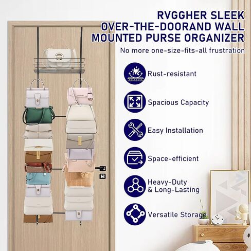 Over the Door Purse Organizer with 16 Hooks and Storage Basket, Wall Mounted Handbag Organizer, Purse Organizer for Closet Holds up to 16 Bags, Purse Holder for Door Has Split Design in Saudi Arabia