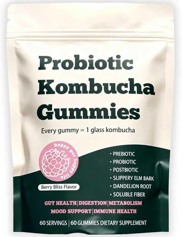 Probiotic Kombucha Gummy - Prebiotics + Probiotics + Postbiotics | Contains MCT Oil, elm bark, Dandelion Root, and Fiber | Promotes Gut Health | 60 Capsules in Saudi Arabia