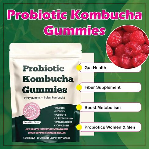 Probiotic Kombucha Gummy - Prebiotics + Probiotics + Postbiotics | Contains MCT Oil, elm bark, Dandelion Root, and Fiber | Promotes Gut Health | 60 Capsules in Saudi Arabia