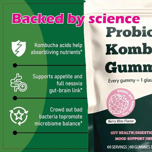 Probiotic Kombucha Gummy - Prebiotics + Probiotics + Postbiotics | Contains MCT Oil, elm bark, Dandelion Root, and Fiber | Promotes Gut Health | 60 Capsules in Saudi Arabia