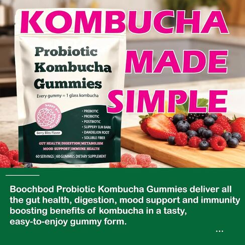 Probiotic Kombucha Gummy - Prebiotics + Probiotics + Postbiotics | Contains MCT Oil, elm bark, Dandelion Root, and Fiber | Promotes Gut Health | 60 Capsules in Saudi Arabia