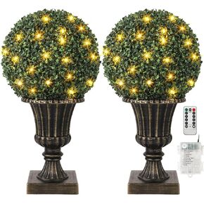 16 Inches Pre-Lit Artificial Topiary Ball, 2 Pack Faux Boxwood Balls with Sturdy Pot Base, Battery Operated Fake Plants for Backyard Wedding Holiday Decor, Gold in Kuwait
