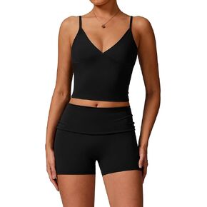 طقم تدريب مكون من قطعتين للسيدات، توب مبطن بأشرطة، شورت عالي الخصر للتحكم في البطن، ملابس بيلاتيس in Kuwait