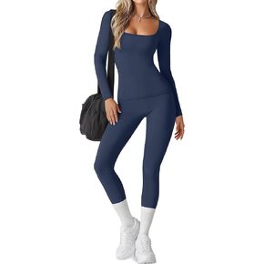 Women's 2 Piece Workout Sets Long Sleeve Yoga Square Neck Top High Waist Leggings Athletic Pants Active Sports Gym in Saudi Arabia