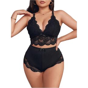 طقم ملابس داخلية نسائي مكون من قطعتين مقاس كبير من MakeMeChic مزين بعقدة من الدانتيل ومقطع على شكل صدفة، أطقم حمالة صدر ولباس داخلي in Kuwait