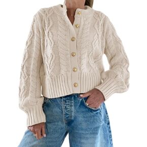 Watashi سترة نسائية عادية زر حتى كابل متماسكة طويلة الأكمام الخريف اقتصاص سترة Crewneck مكتنزة محبوك البلوزات in Kuwait