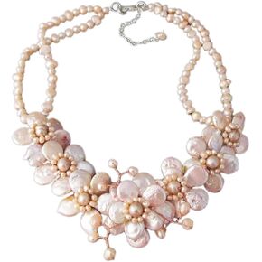 Pink Coin Cultured Freshwater Pearl Cluster Cherry Blossom Flower .925 Sterling Silver Necklace | Handmade Necklace in Saudi Arabia