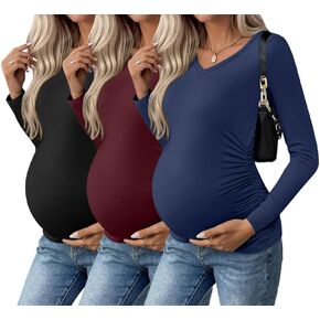 Ekouaer Womens Maternity Shirts Long Sleeve 3 Packs Pregnancy V-Neck Clothes Tunic Blouse Fall Tops for Mama S-XXL in Kuwait