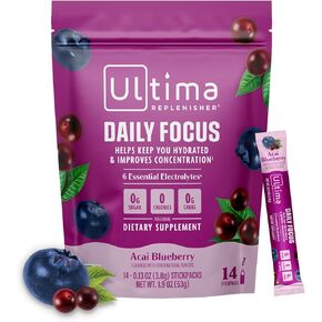 مكمل التركيز اليومي Ultima Replenisher ومسحوق الإلكتروليتات - Acai Blueberry، 14 عبوة لاصقة - عبوات ترطيب، 60 مجم كافيين من مستخلص الشاي الأخضر وL-الثيانين لتحسين التركيز والتركيز in Kuwait