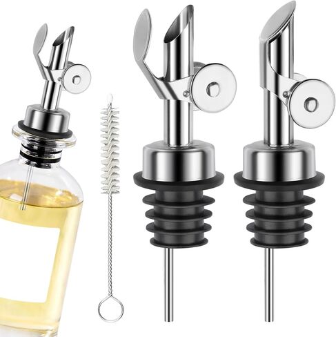 Liquor Bottle Pourers Auto Flip Olive Oil Spouts Weighted Stainless Steel Alcohol Dispenser Liquor Pour Spouts for Bottles Olive Oil Pourer with Olive Oil Funnel & Brush Pack of 4 Silver in Kuwait