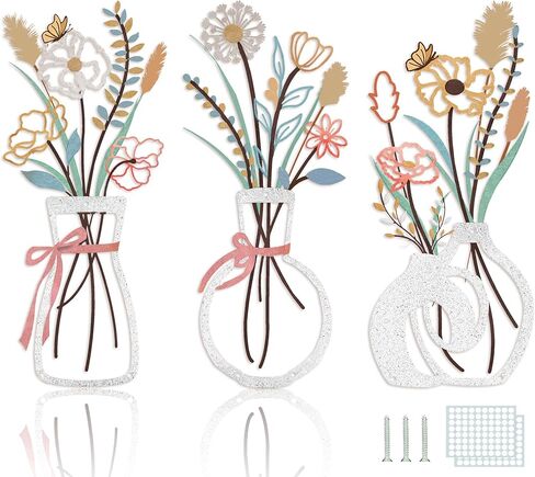 3PCS Metal Flowers Wall Decor for Living Room-Boho Floral Wall Art for Kitchen-Rustic Work for Farmhouse,Living Room,Bathroom,Laundry Room,Office,3D Flower Bow Butterfly Sculptures-Housewarming Gifts in Saudi Arabia