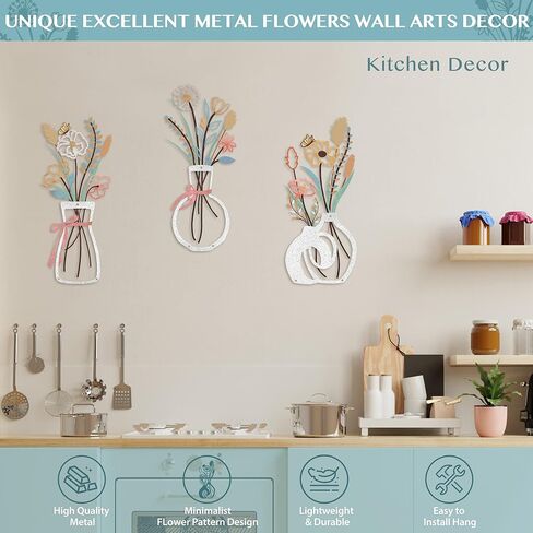 3PCS Metal Flowers Wall Decor for Living Room-Boho Floral Wall Art for Kitchen-Rustic Work for Farmhouse,Living Room,Bathroom,Laundry Room,Office,3D Flower Bow Butterfly Sculptures-Housewarming Gifts in Saudi Arabia