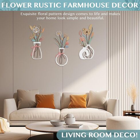 3PCS Metal Flowers Wall Decor for Living Room-Boho Floral Wall Art for Kitchen-Rustic Work for Farmhouse,Living Room,Bathroom,Laundry Room,Office,3D Flower Bow Butterfly Sculptures-Housewarming Gifts in Saudi Arabia