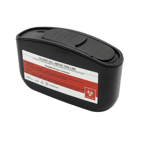 حاوية الأدوات الحادة المحمولة للسفر والاستخدام المنزلي، صندوق التخلص من الإبر بحجم الجيب لإبر قلم الأنسولين والمشارط وشرائط الاختبار، قفل بيد واحدة، حاوية التخلص من الأدوات الحادة ذات المخاطر البيولوجية (أسود) in Kuwait