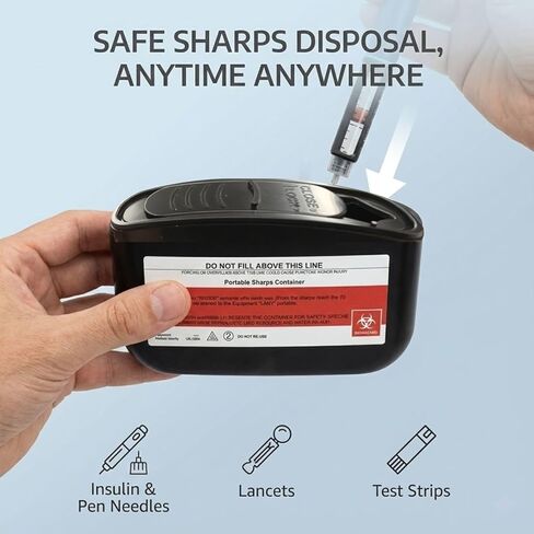 حاوية الأدوات الحادة المحمولة للسفر والاستخدام المنزلي، صندوق التخلص من الإبر بحجم الجيب لإبر قلم الأنسولين والمشارط وشرائط الاختبار، قفل بيد واحدة، حاوية التخلص من الأدوات الحادة ذات المخاطر البيولوجية (أسود) in Kuwait