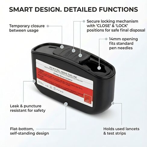 حاوية الأدوات الحادة المحمولة للسفر والاستخدام المنزلي، صندوق التخلص من الإبر بحجم الجيب لإبر قلم الأنسولين والمشارط وشرائط الاختبار، قفل بيد واحدة، حاوية التخلص من الأدوات الحادة ذات المخاطر البيولوجية (أسود) in Kuwait
